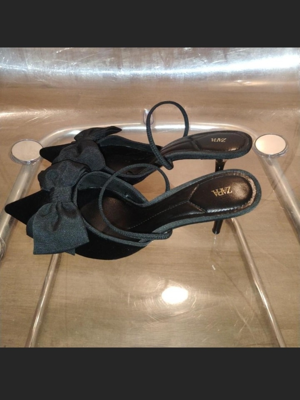 Zara Black Pointed-Toe Bow Slingback Mules NWOT - Picture 4 of 5